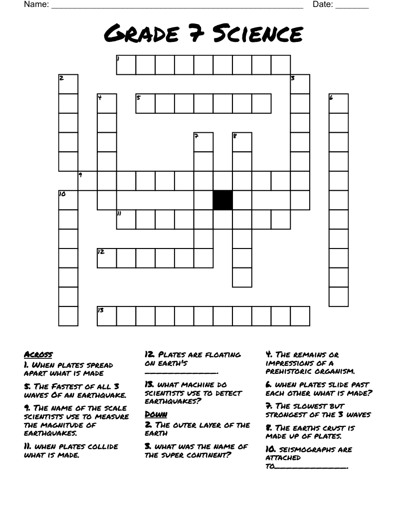Grade 7 Science Crossword WordMint