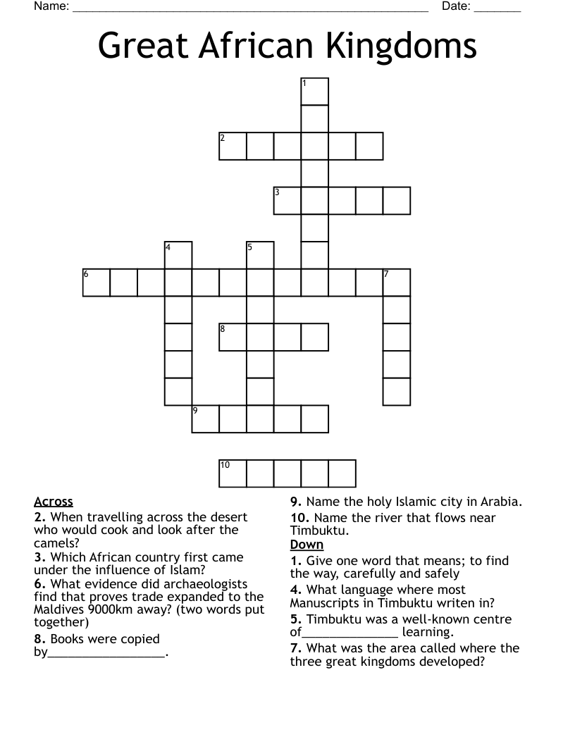 Great African Kingdoms Crossword WordMint