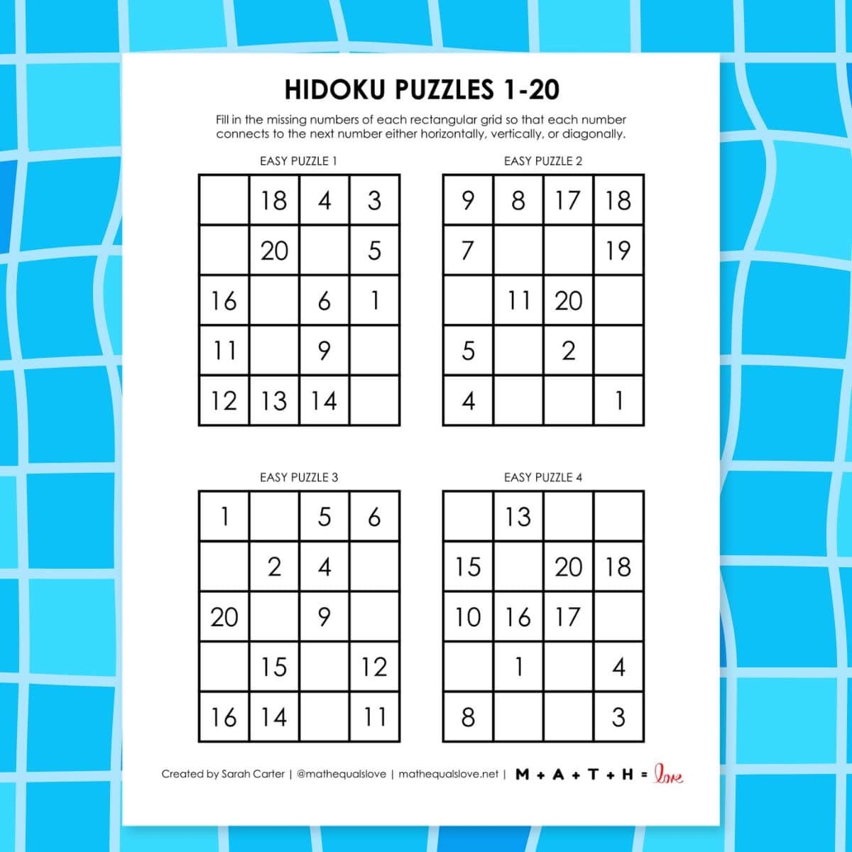 Hidoku Puzzles With Numbers 1 20 Math Love