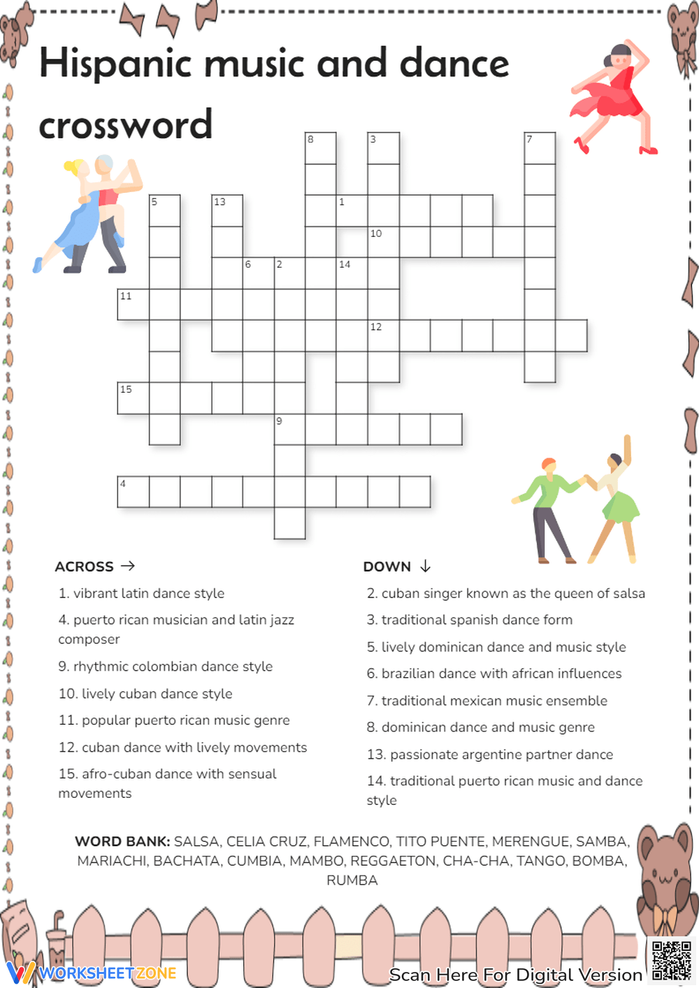 Hispanic Music Dance Crossword Latin Culture Puzzle Fun Worksheets