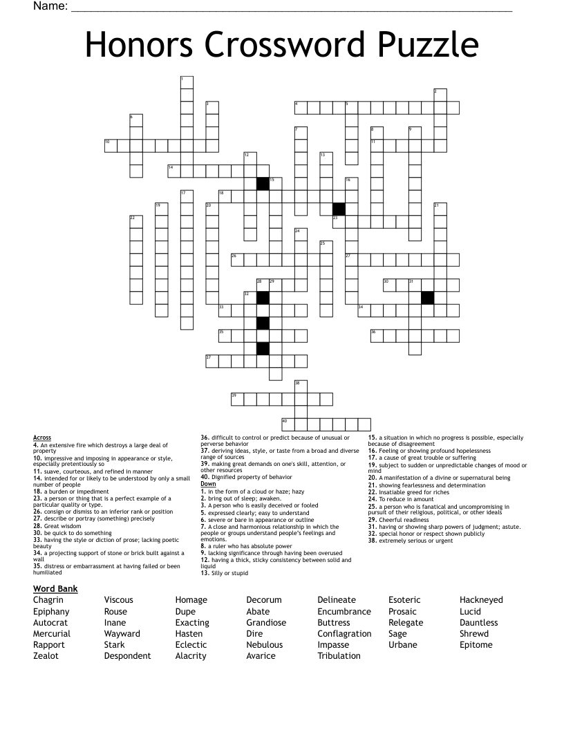 Honors Vocabulary Crossword WordMint