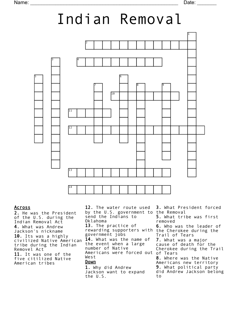Indian Removal Crossword WordMint Indian Removal Crossword WordMint