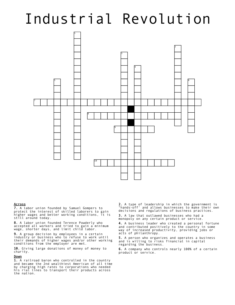 Industrial Revolution Crossword WordMint