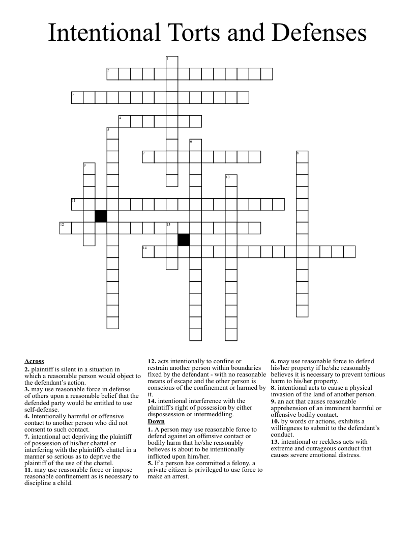 Intentional Torts And Defenses Crossword WordMint