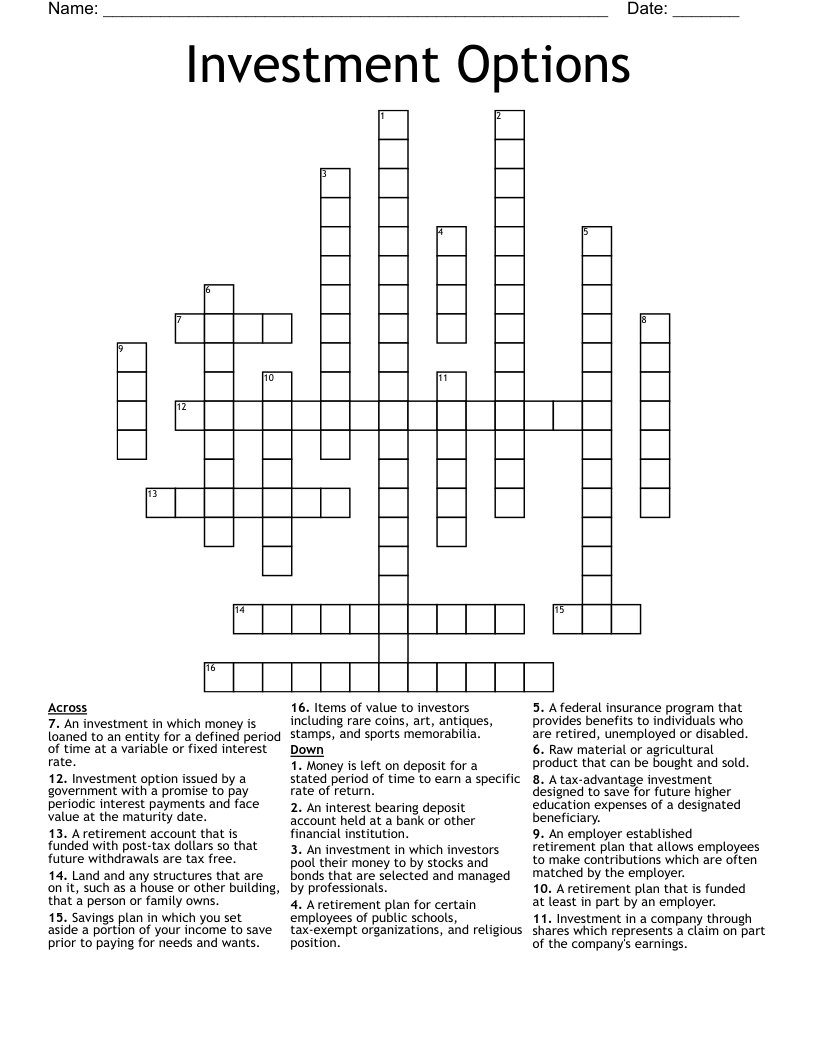 Investment Options Crossword WordMint