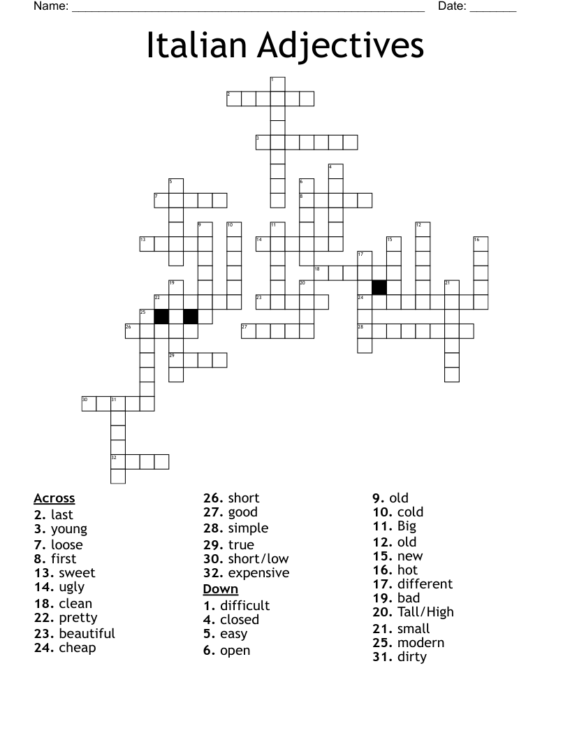 Italian Adjectives Crossword WordMint