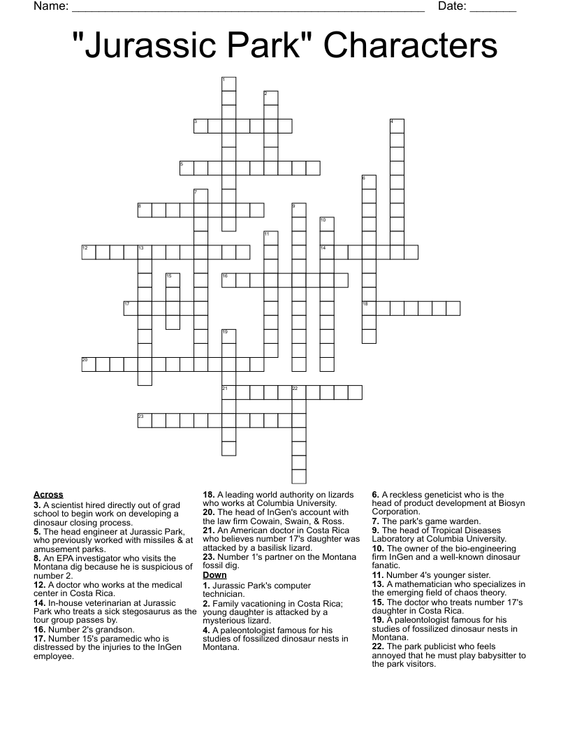 Jurassic Park Characters Crossword WordMint