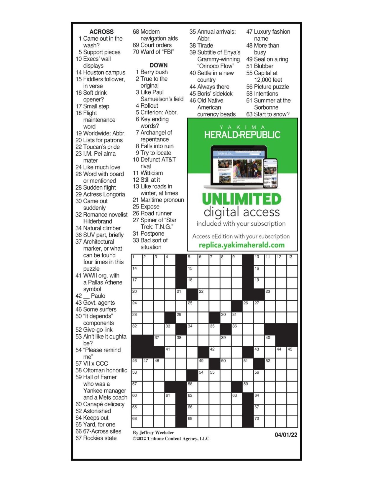 LA Times Crossword April 1 2022 Crosswords Yakimaherald