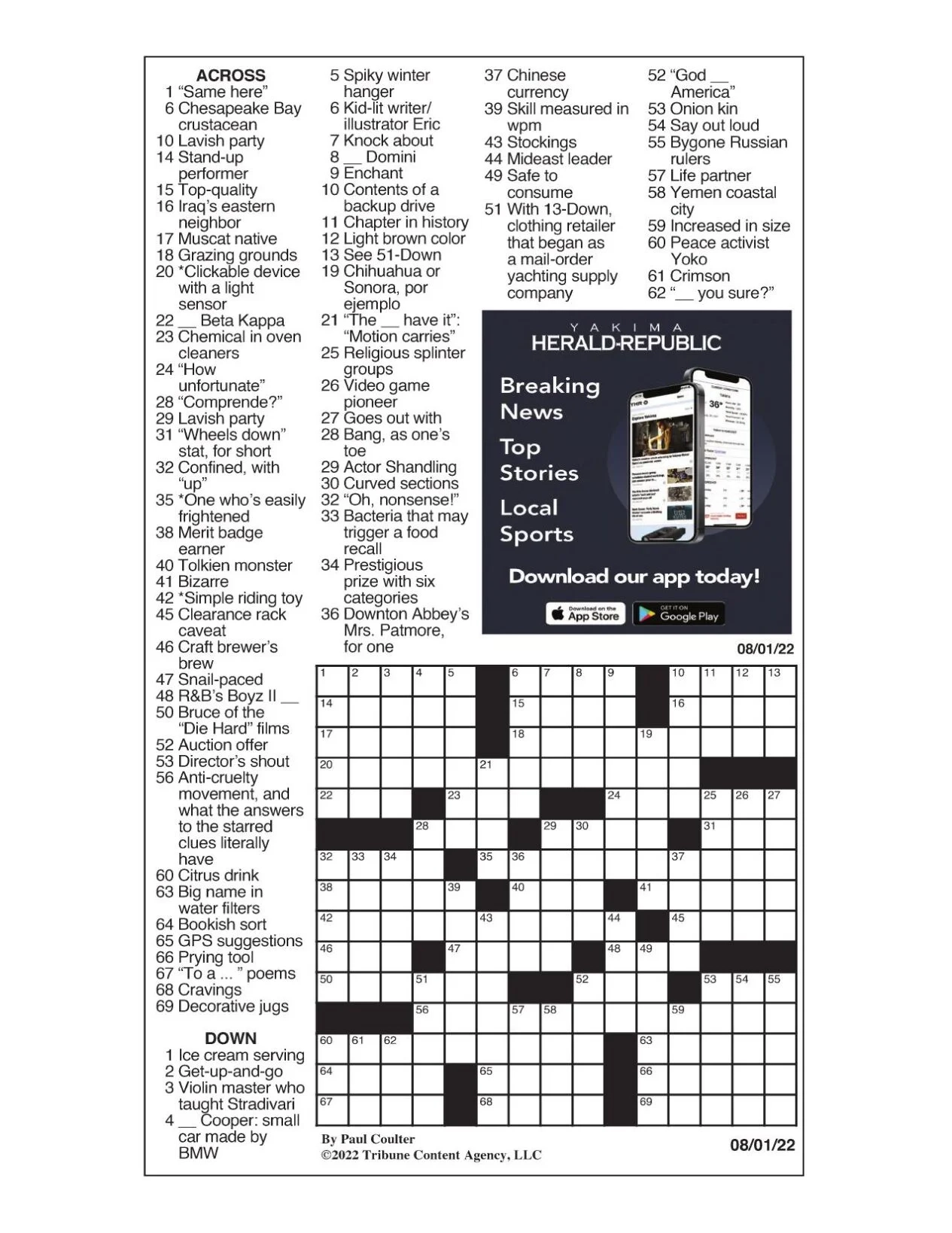 LA Times Crossword Aug 1 2022 Crosswords Yakimaherald