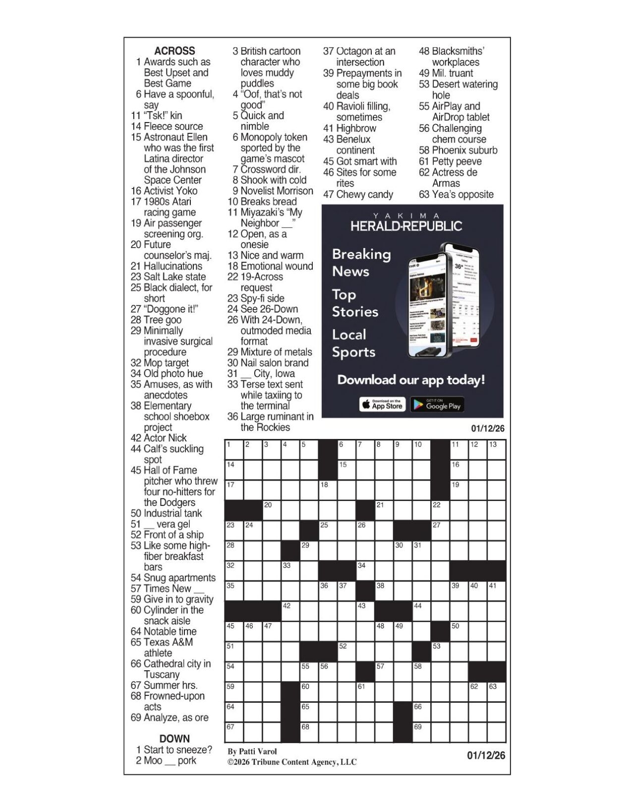 LA Times Crossword Jan 12 2026 Yakimaherald