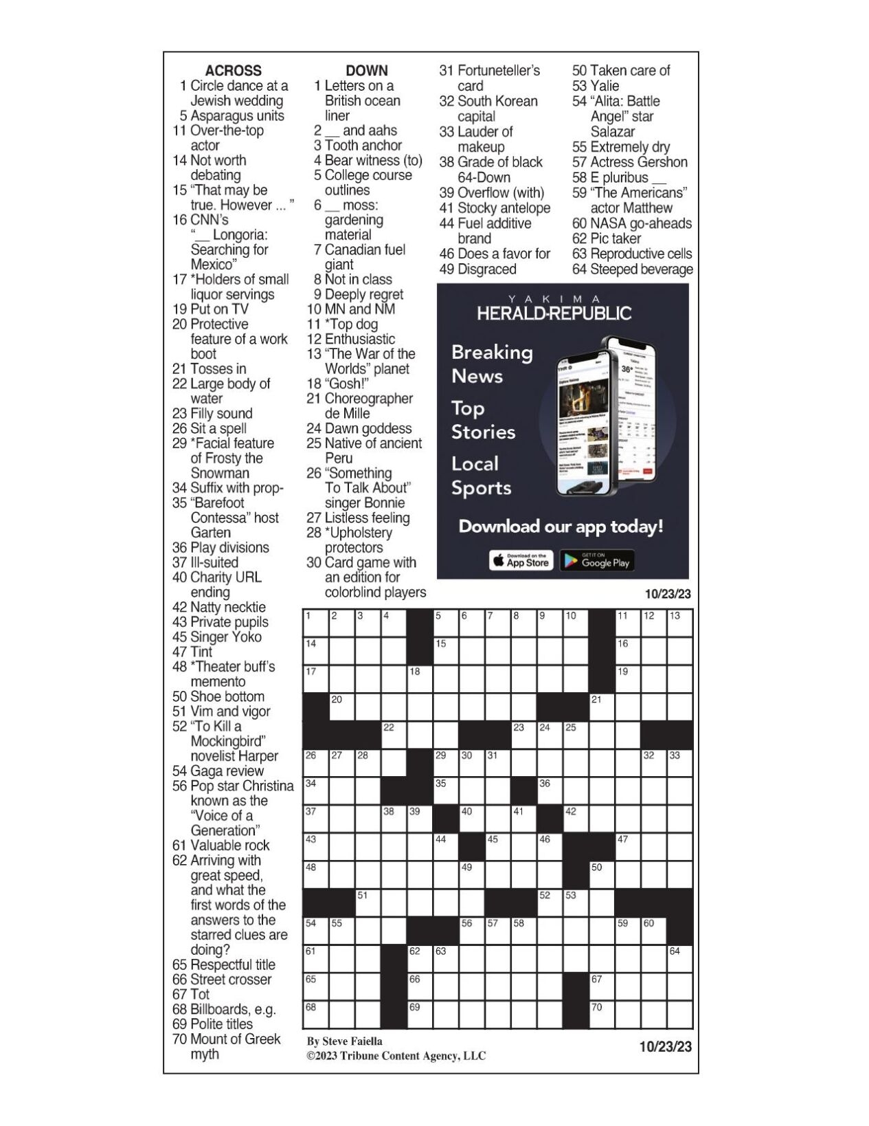 LA Times Crossword Oct 23 2023 Crosswords Yakimaherald
