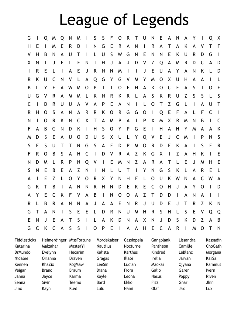 League Of Legends Word Search WordMint