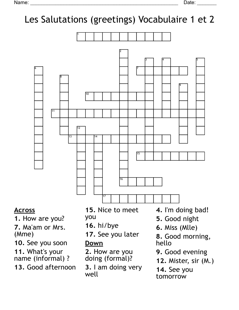 Les Salutations greetings Vocabulaire 1 Et 2 Crossword WordMint