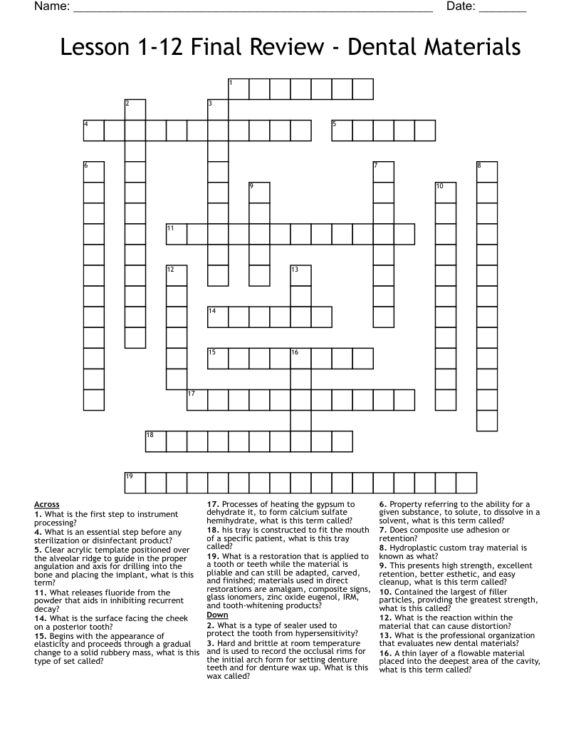 Lesson 1 12 Final Review Dental Materials Crossword WordMint