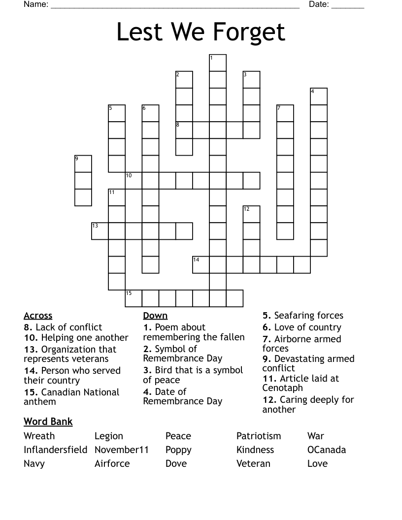 Lest We Forget Crossword WordMint