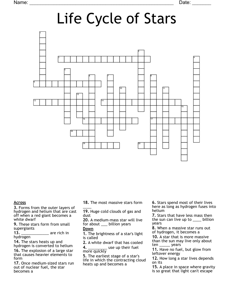 Life Cycle Of Stars Crossword WordMint