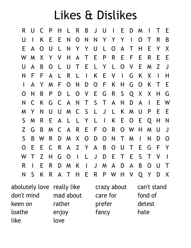 Likes Dislikes Word Search WordMint