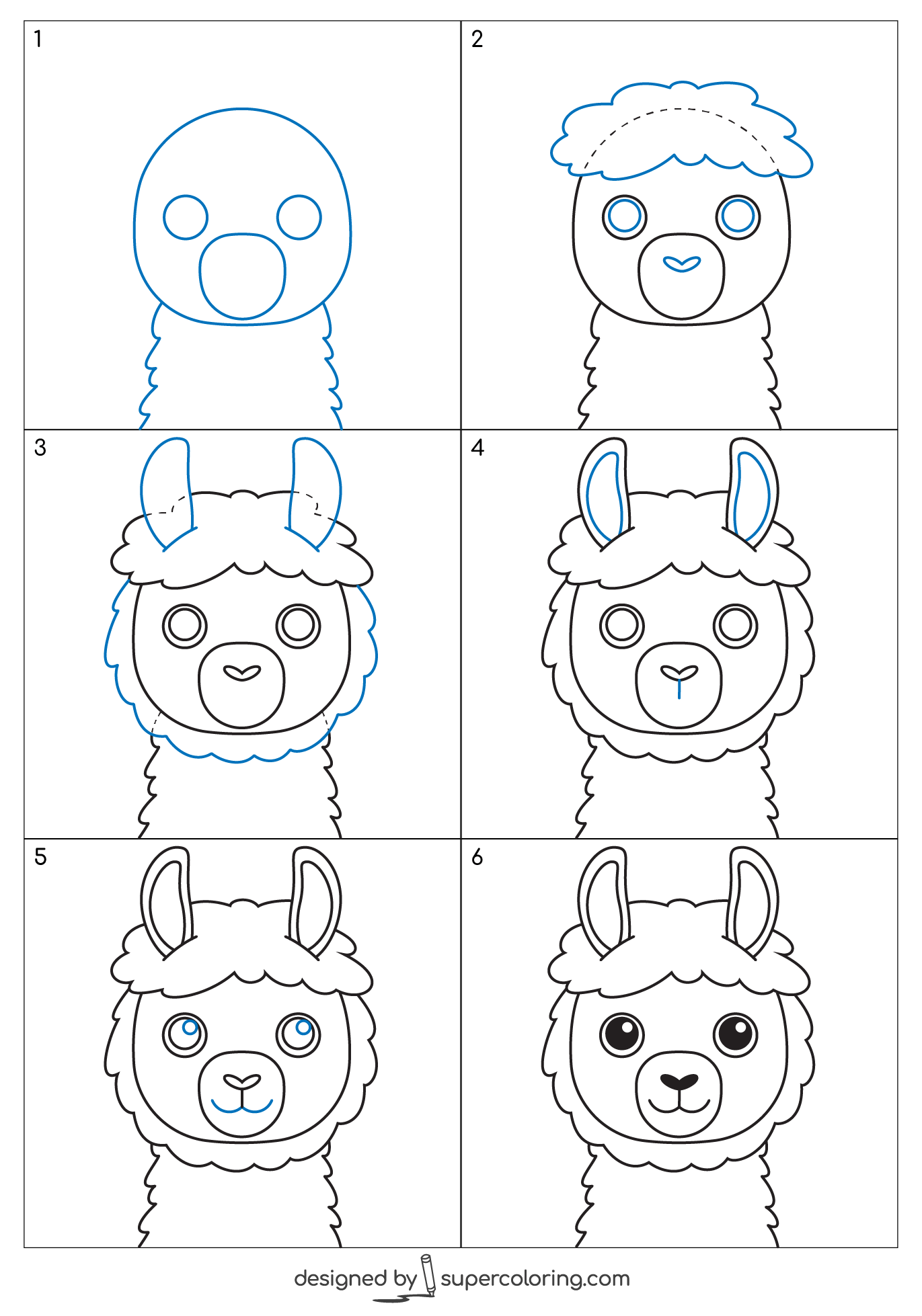 Llama Head Step By Step Drawing Free Printable Worksheets