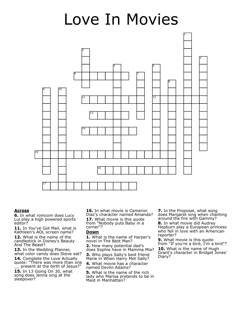 Love In Movies Crossword WordMint