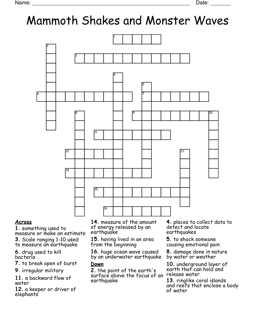 Mammoth Shakes And Monster Waves Crossword WordMint