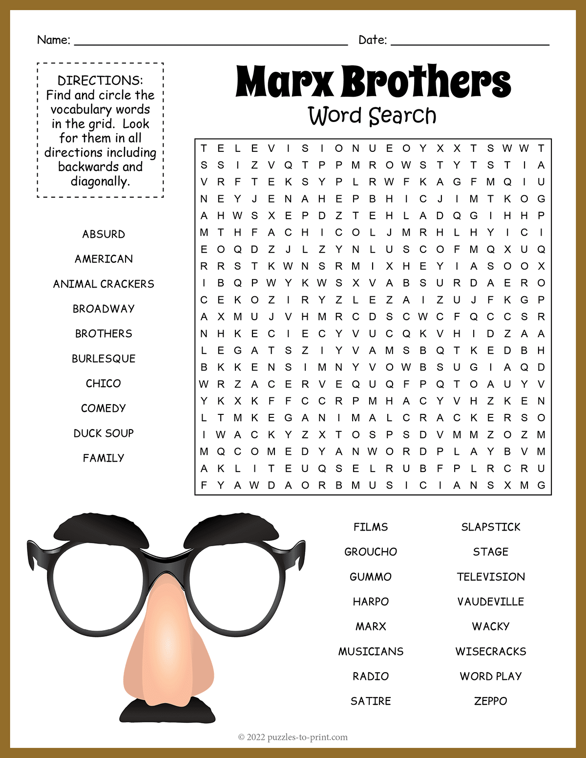 Marx Brothers Word Search