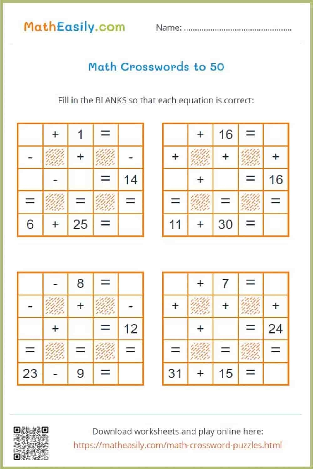 Math Crosswords ONLINE Printable