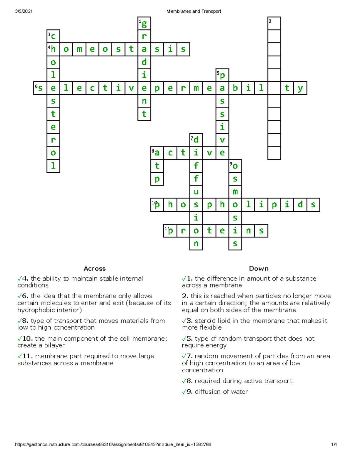 Membranes And Transport Crossword Puzzle Study Guide For BIO 101 Studocu