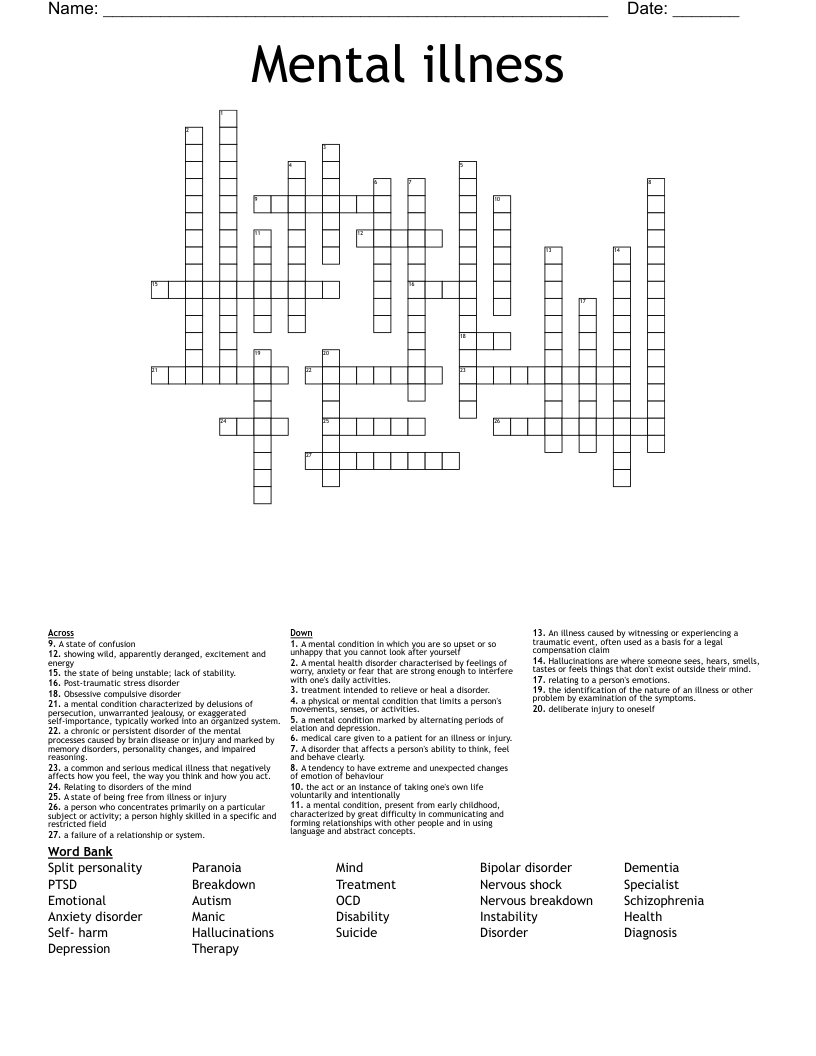 Mental Illness Crossword WordMint Mental Illness Crossword WordMint