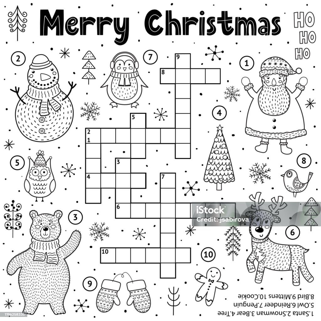 Merry Christmas Crossword Game For Kids Black And White Educational Activity Page For Coloring Stock Illustration Download Image Now IStock