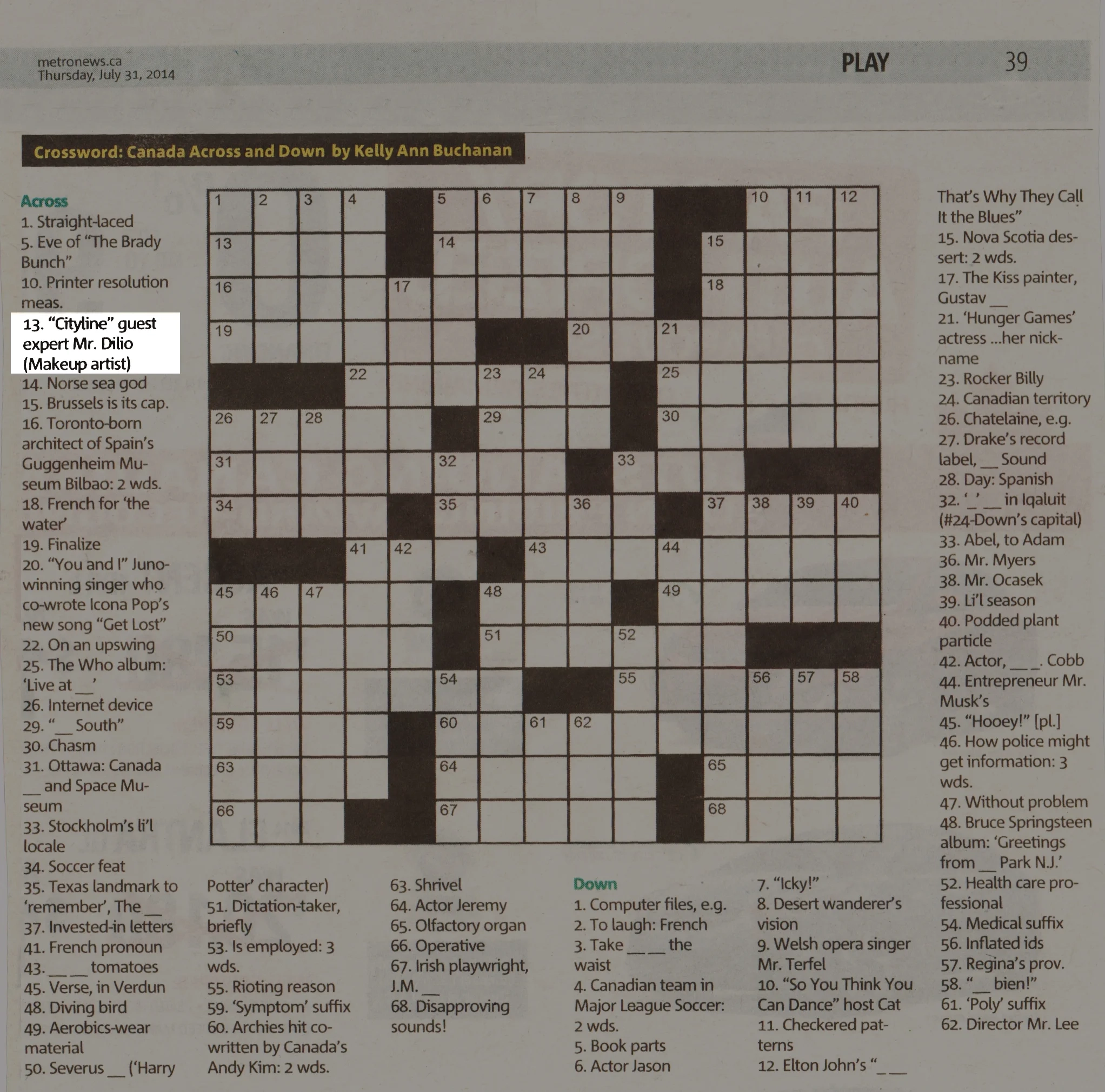 Metro News Crossword 13 Across Dino Dilio Dino Dilio Beauty