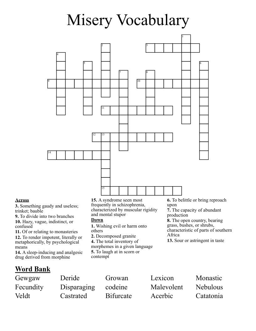Misery Vocabulary Crossword WordMint