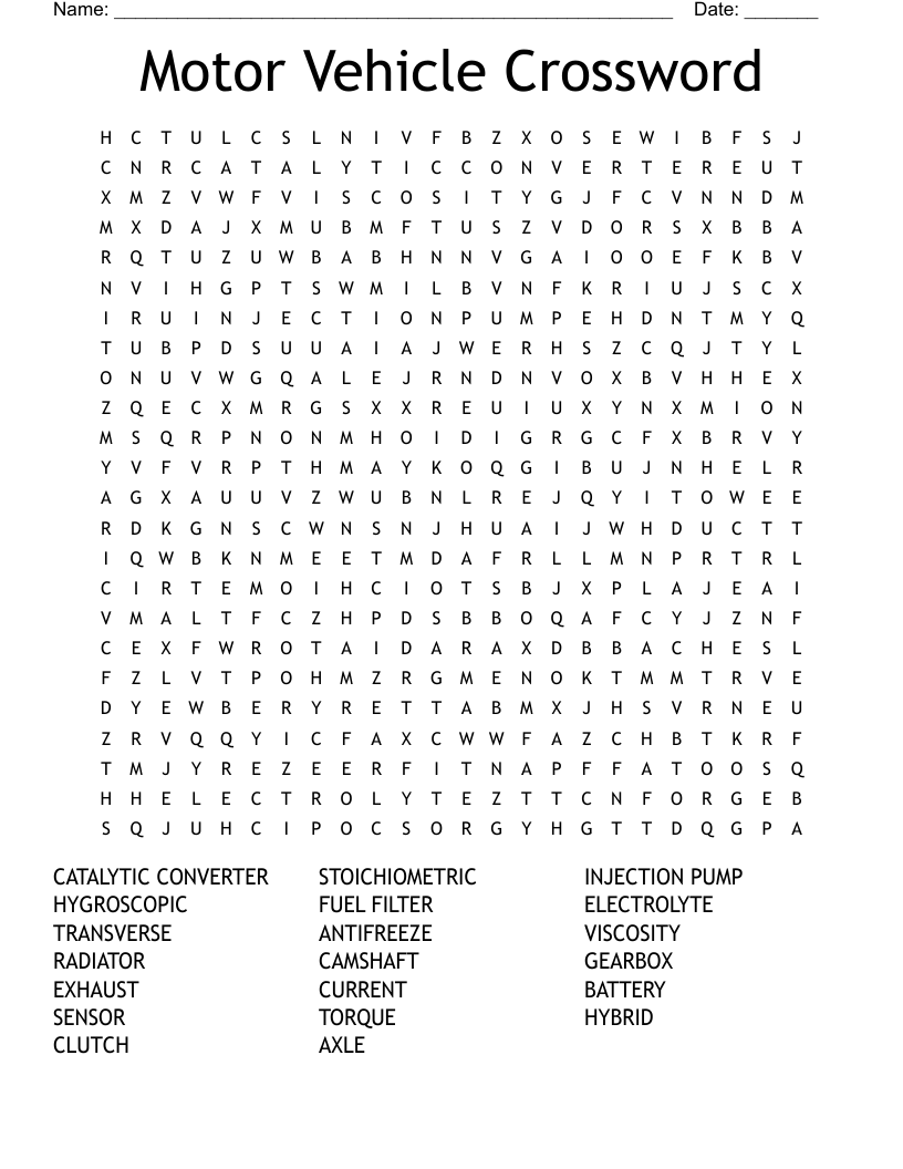 Motor Vehicle Crossword Word Search WordMint