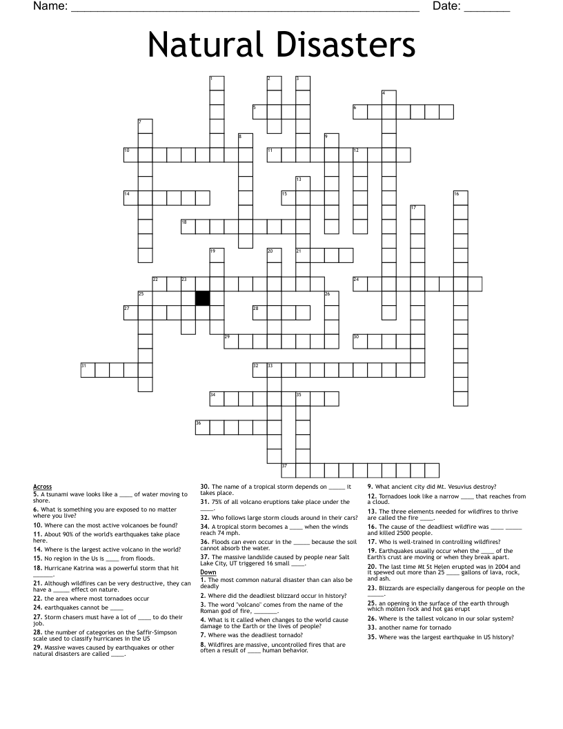Natural Disasters Crossword WordMint