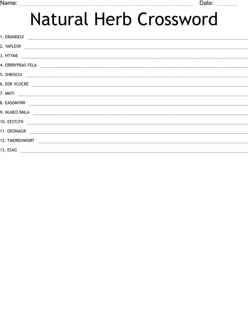 Natural Herb Crossword Word Scramble WordMint Natural Herb Crossword Word Scramble WordMint