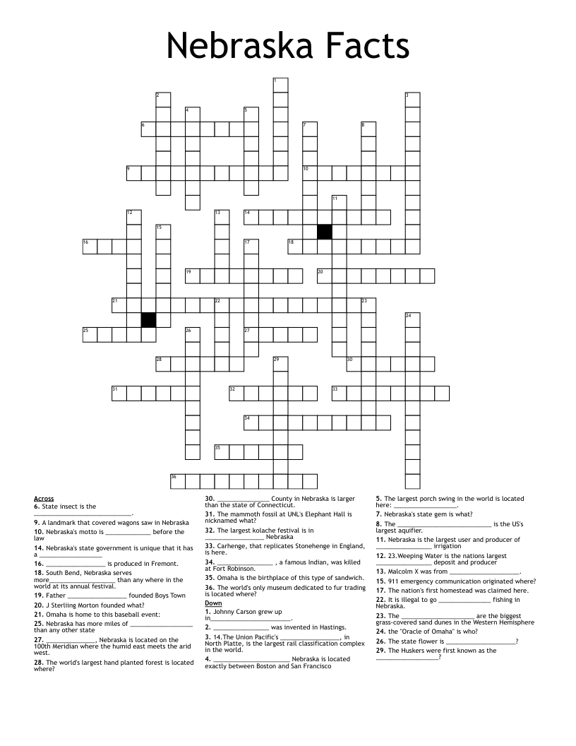 Nebraska Facts Crossword WordMint