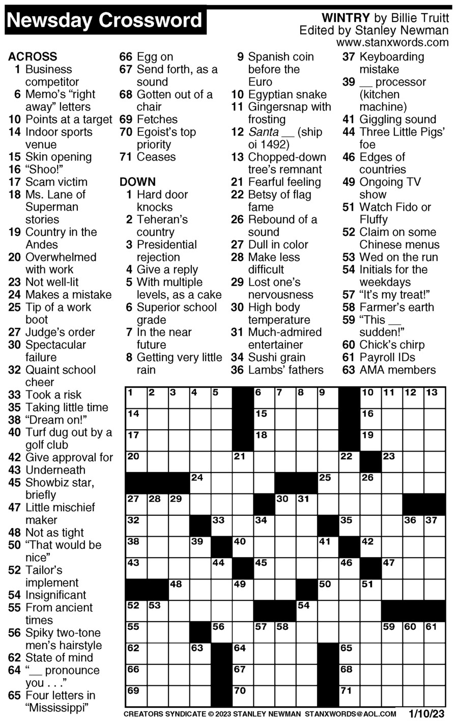 Newsday Crossword Puzzle For Jan 10 2023 By Stanley Newman Creators Syndicate