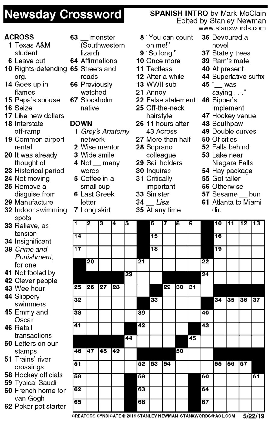 Newsday Crossword Puzzle For May 22 2019 By Stanley Newman Creators Syndicate