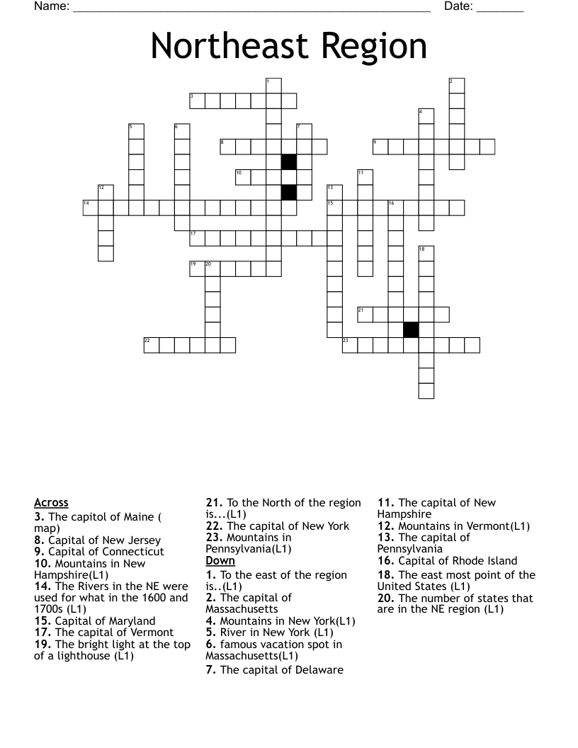 Northeast Region Crossword WordMint