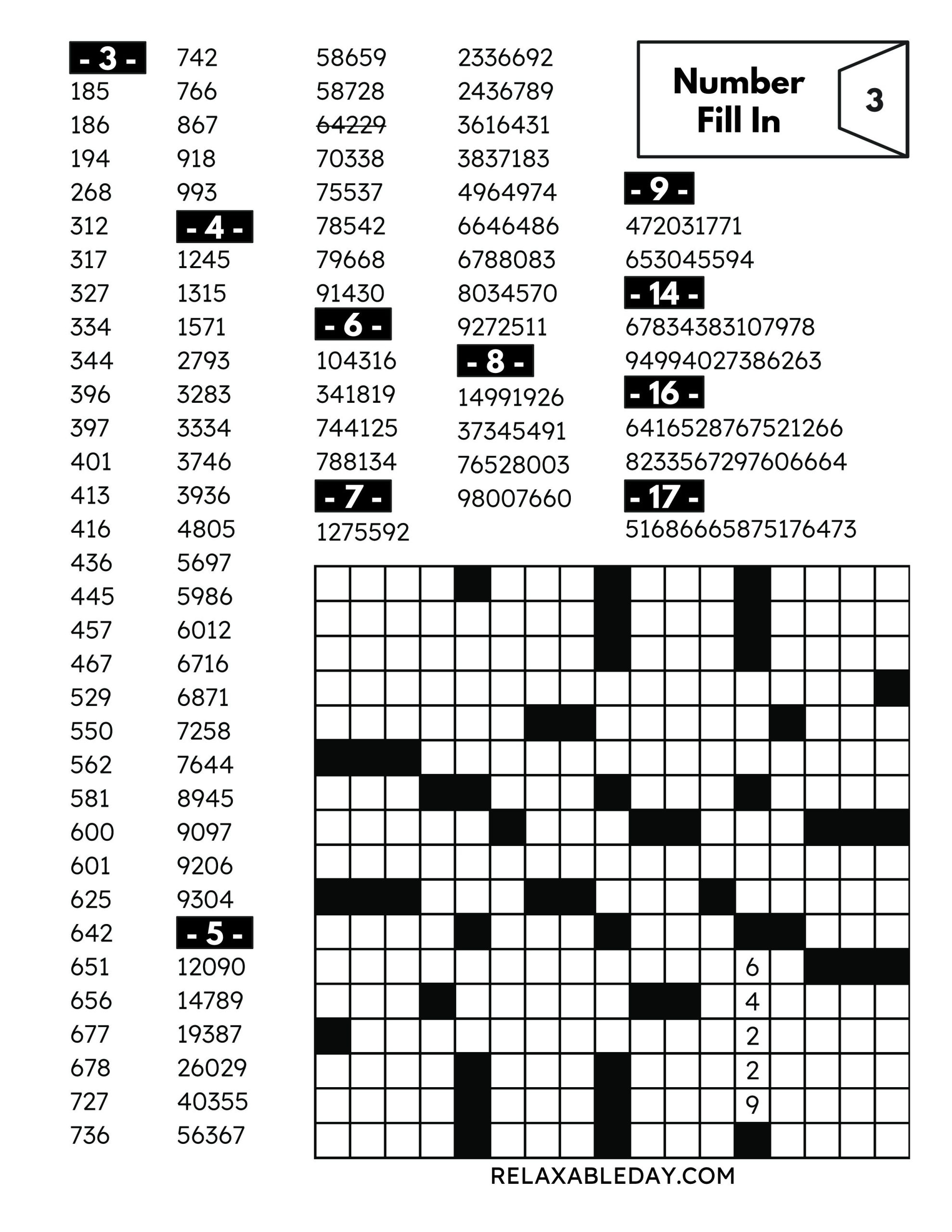NUMBER FILL IN PUZZLES Relaxable Day NUMBER FILL IN PUZZLES Relaxable Day