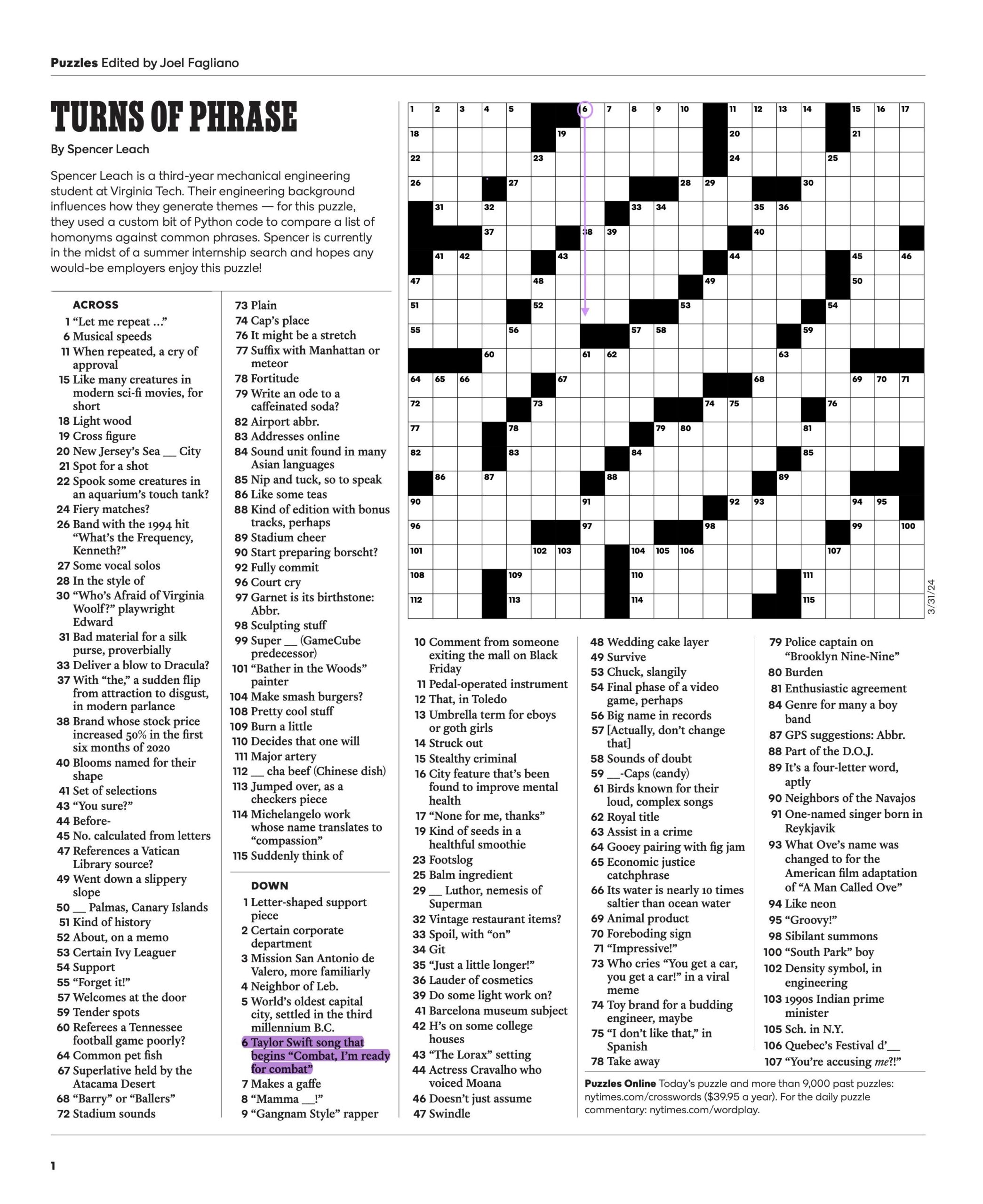 NYT Crossword 9 Letters Taylor Swift Song That Begins Combat I m Ready For Combat R TaylorSwift