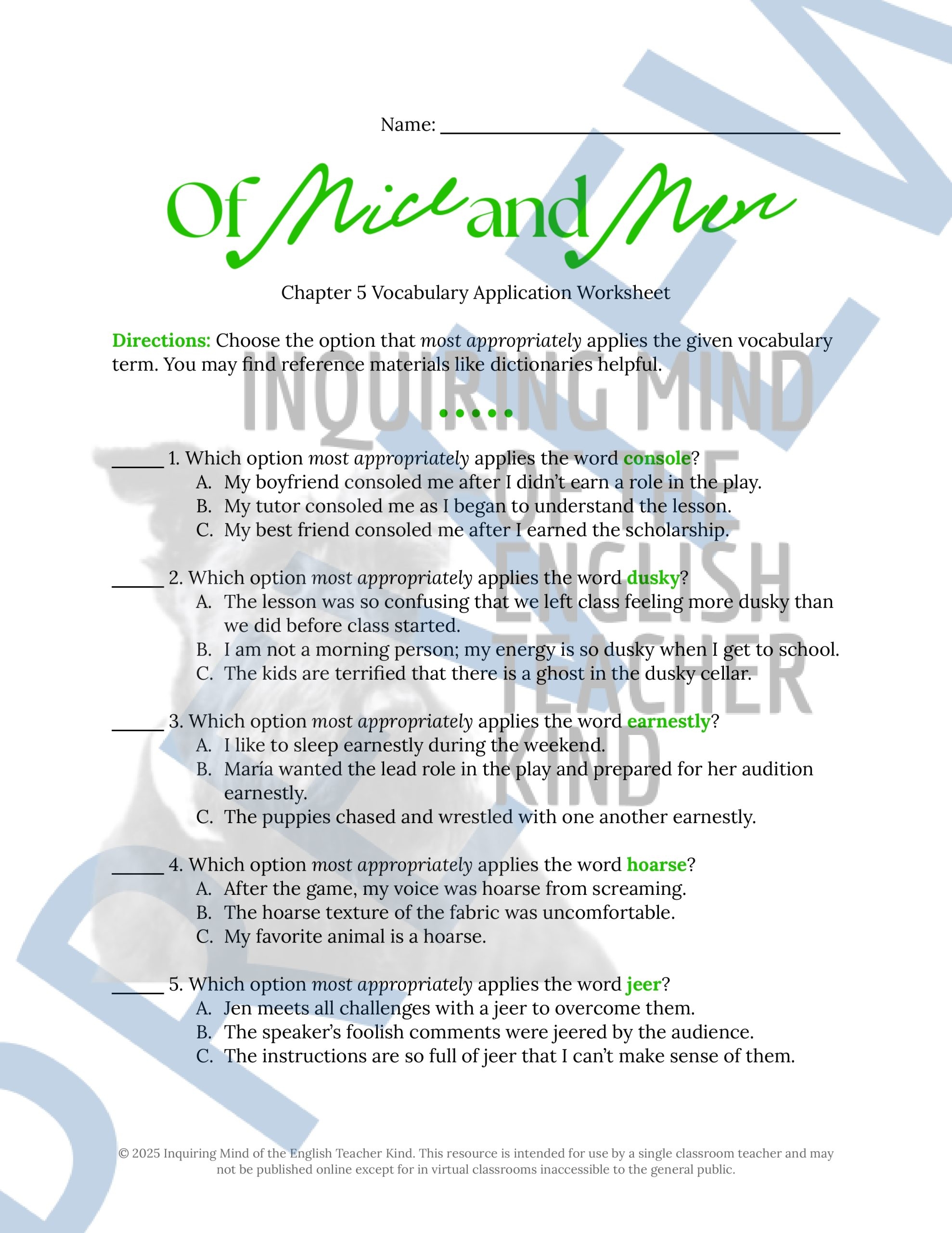 Of Mice And Men Chapter 5 Vocabulary Activities Crossword Puzzle Word Search Made By Teachers