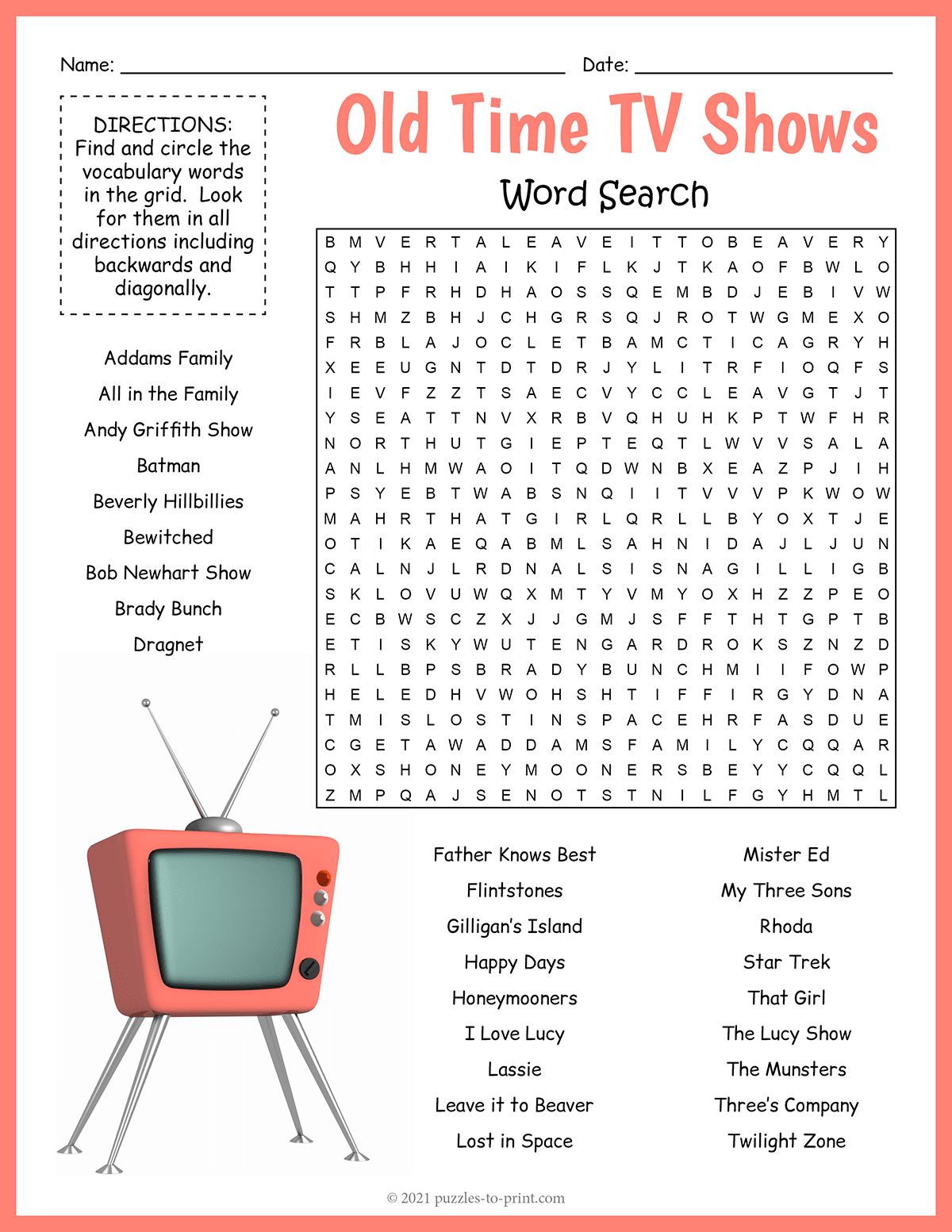 Old Time TV Shows Word Search