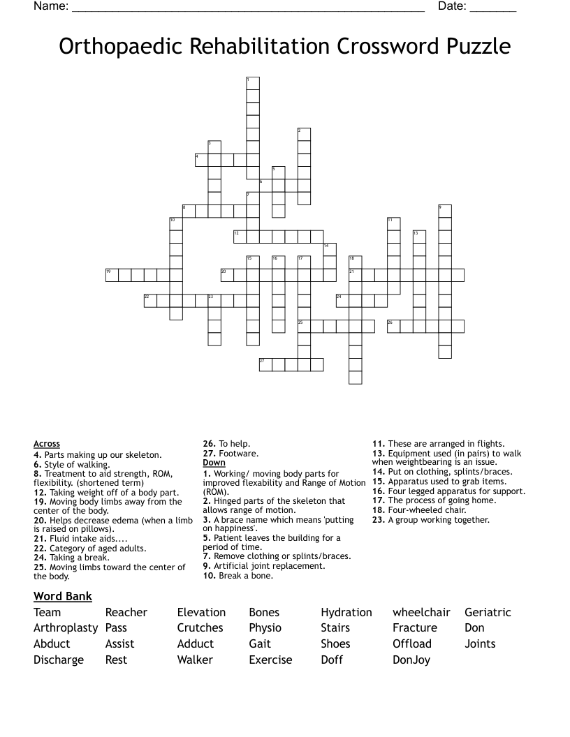 Orthopaedic Rehabilitation Crossword Puzzle WordMint