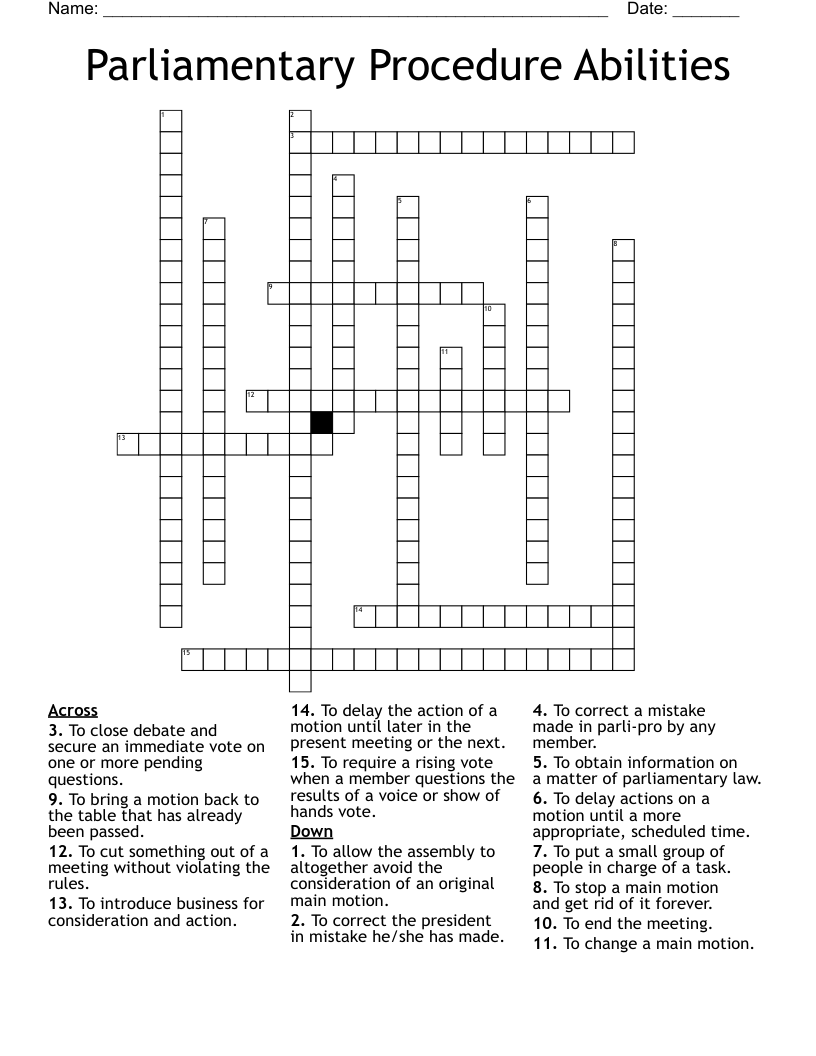Parliamentary Procedure Abilities Crossword WordMint