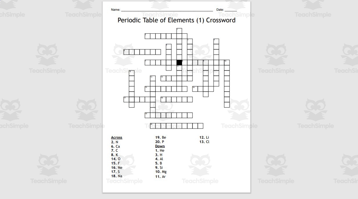 Periodic Table Crossword Puzzle 20 Elements PDF 