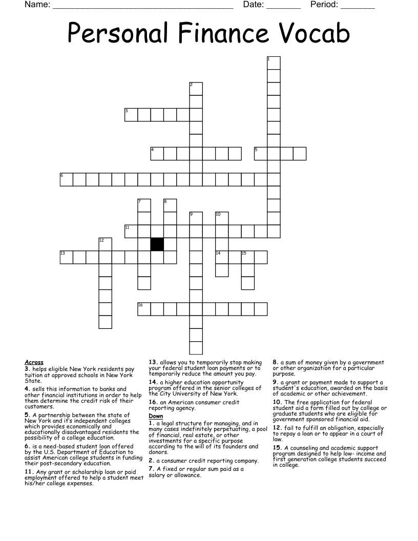 Personal Finance Vocab Crossword WordMint