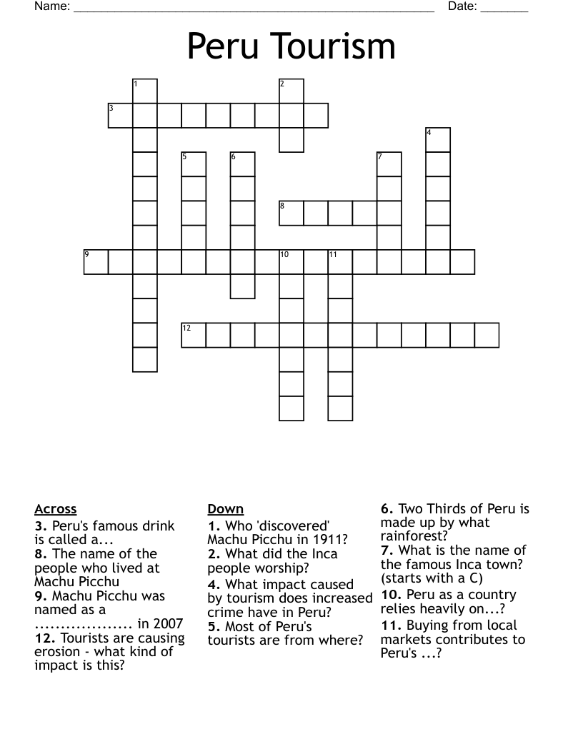 Peru Tourism Crossword WordMint