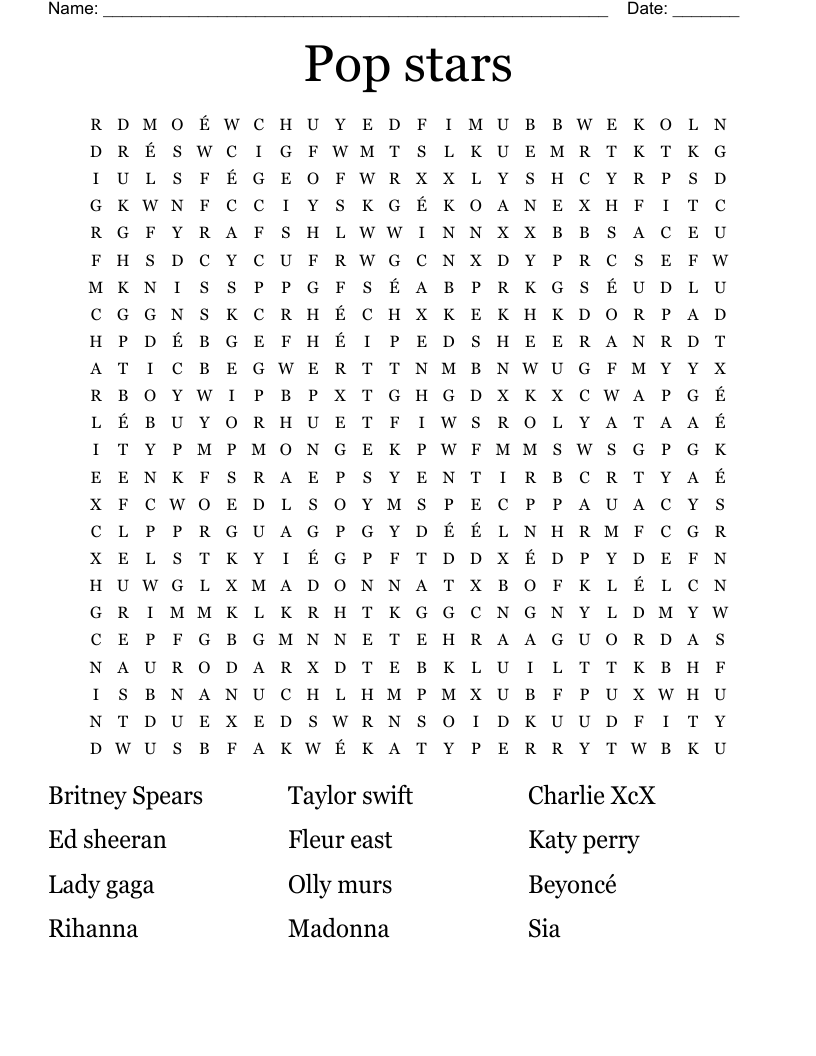 Pop Stars Word Search WordMint