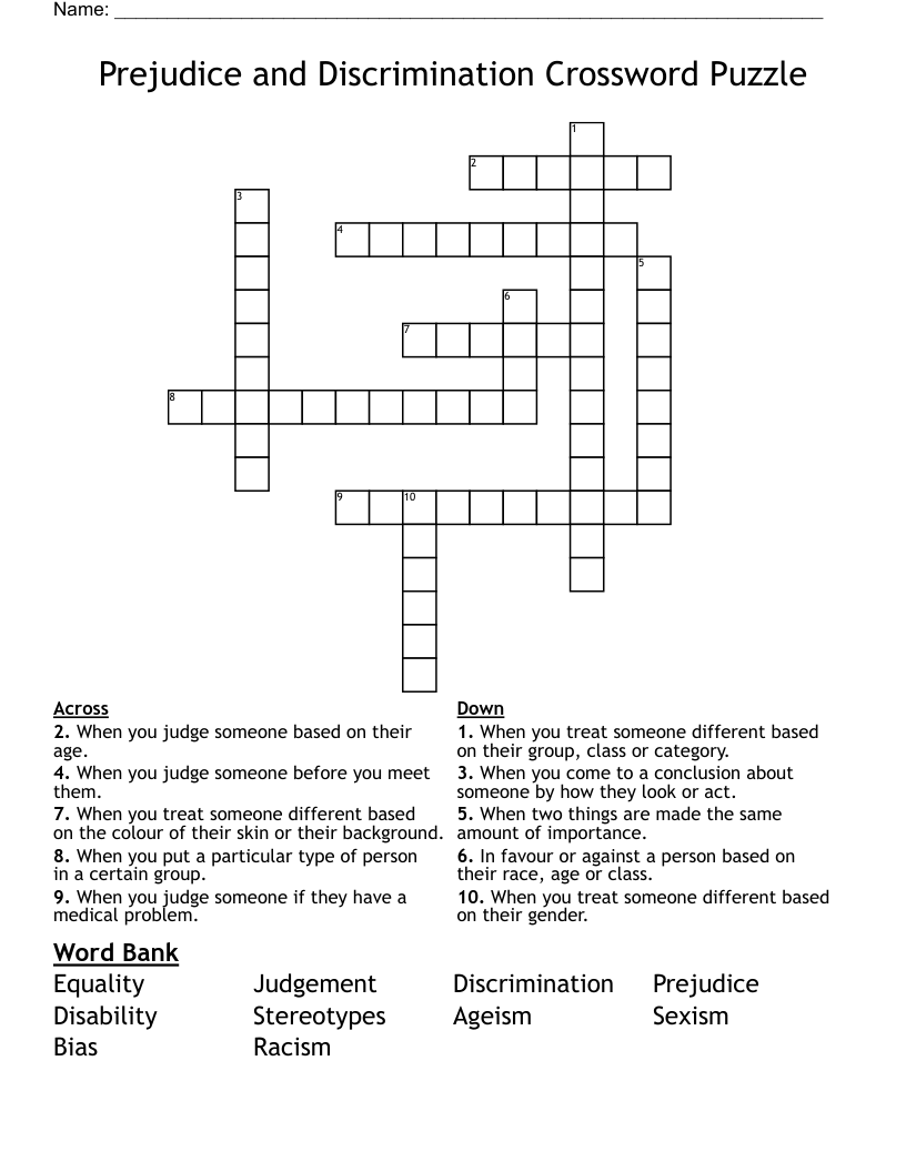 Prejudice And Discrimination Crossword Puzzle WordMint