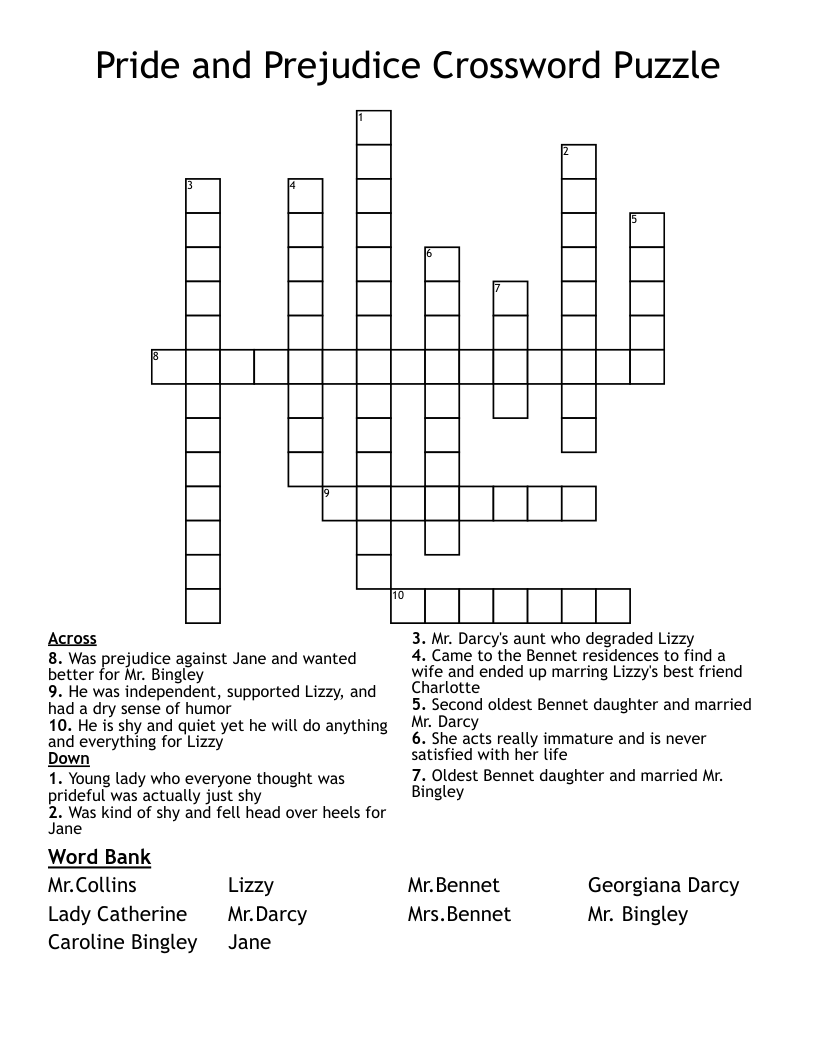 Pride And Prejudice Crossword Puzzle WordMint